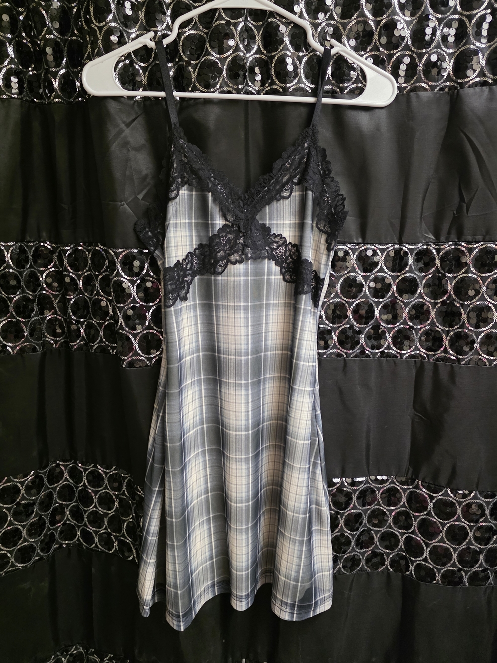 Widow Black and Gray Plaid Lace-Trim Dress